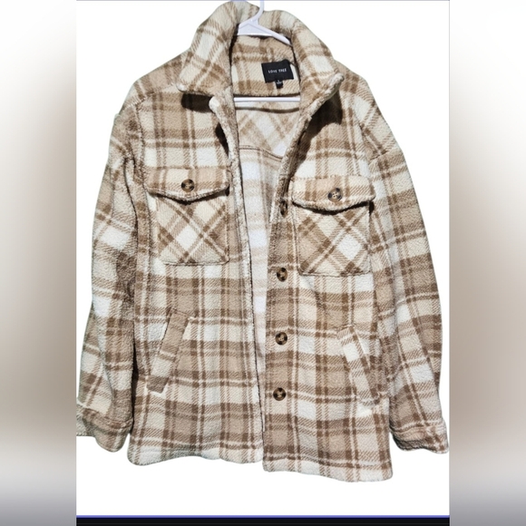 Love Tree Cream and Tan Plaid Teddy Jacket EUC Size Large PTP 24 - Picture 4 of 6